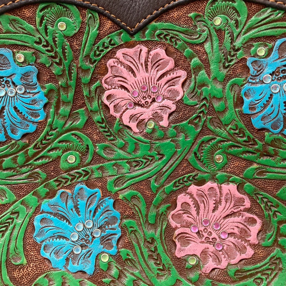 Montana Silversmiths Leather Tooled Shoulder Bag Floral Rhinestones Vintage - Picture 6 of 14